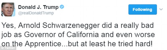 President Trump hit out at Arnold Schwarzenneger again Friday morning, in a tweet trashing his gubernatorial and reality TV hosting record