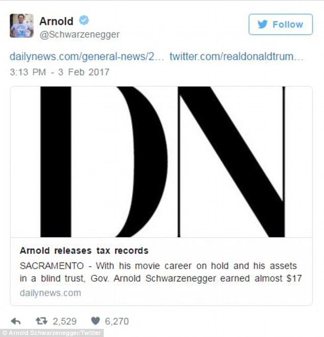 No words needed: Arnold Schwarzenegger responded to Trump's twitter jab this morning by linking to a 2006 article discussing his release of his tax records during his 2006 reelection campaign