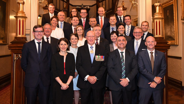 NSW Premier Gladys Berejiklian with National Deputy Premier John Barilaro at NSW Government House for the swearing in of their new Minister by the Governor, David Hurley.