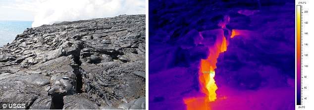 Upon a careful examination of the ‘unstable sea cliff’ this past weekend, researchers discovered a hot crack just above the site where the lava is flowing out, with temperatures as high as 428 degrees Fahrenheit