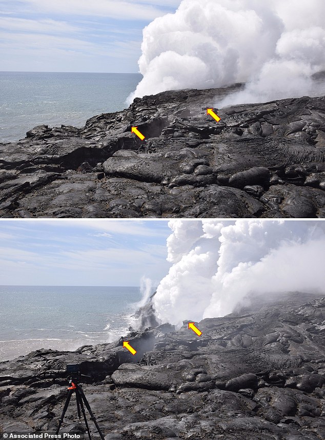 In this combination of Feb. 2, 2017 images provided by the U.S. Geological Survey, a section of sea cliff, top, falls into the ocean above a 'firehose' lava stream in Hawaii Volcanoes National Park. Another portion of cracked, unstable land is shown after the collapse, bottom.
