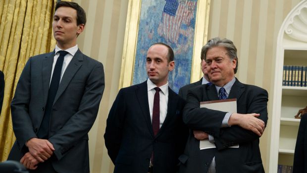 The inner circle: Senior Adviser Jared Kushner, policy adviser Stephen Miller, and chief strategist Steve Bannon.