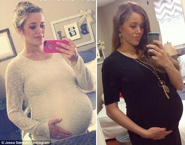 Wow: Jessa Duggar Seewald gave birth to her second son on Monday, according to People; pictured on the left when she was pregnant with her first child, and on the right last week