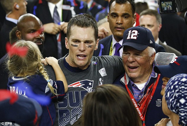 Brady's father, Tom Brady Sr, also joined his family on the field, sporting a Patriots hat that featured his son's jersey number, 12