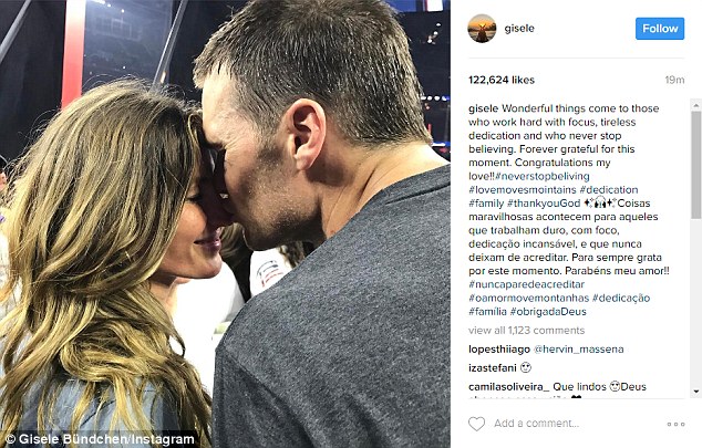 Gisele Bundchen took to Instagram on Monday posting a photo of a touching moment she shared with husband Tom Brady amidst the celebrations on field following Sunday's game