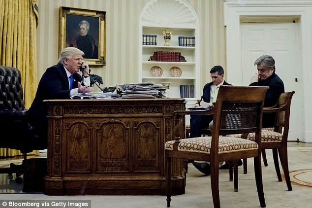 President Donald Trump, shown on the phone with Australian Prime Minister Malcolm Turnbull, said Saturday that 'Obama people' were behind leaks of that call and a similar chat with Mexican President Enrique Peña Nieto