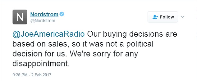 Since announcing that the retail giant would not stock the Ivanka Trump brand, some have questioned if the decision was based on a political reason