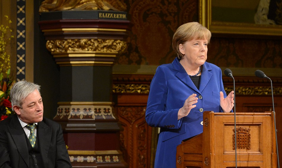 German Chancellor Angela Merkel addresses members of both the House of Lords and the House of Commons in the Royal Gallery at the Palace of Westminster in February last year