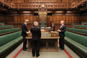 File - Secretary of State John Kerry, House of Commons Speaker John Bercow, and UK Foreign Secretary William Hague in the House of Commons chamber, in London, on February 25, 2013.