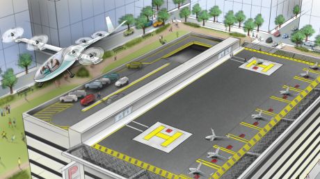 An artist's rendition of how Uber sees the future of on-demand urban air transportation, from last year.