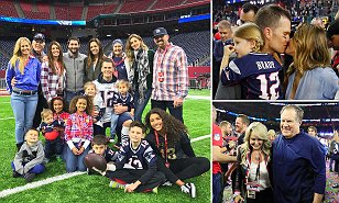 Patriots quarterback Tom Brady shared a family photo following Sunday's Super Bowl win, captioning it 'It takes a team. And so much love'. The photo features in the back row from left Brady's sister Julie, father Tom Brady Sr, sister Maureen, brother-in-law Steve Bonelli (Nancy's husband), sister Nancy, mother Galynn, wife Gisele Bundchen and brother-in-law Kevin Youkilis (Julie's husband). Center, in Brady's arms are daughter Vivian (left) and nephew Jeremy. In the front row, from left are nephew Zachary, another nephew, nieces Hannah and Jordan, sons Benjamin and Jack, and niece Maya