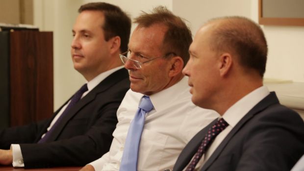 Trade Minister Steve Ciobo, former prime minister Tony Abbott and Immigration Minister Peter Dutton.