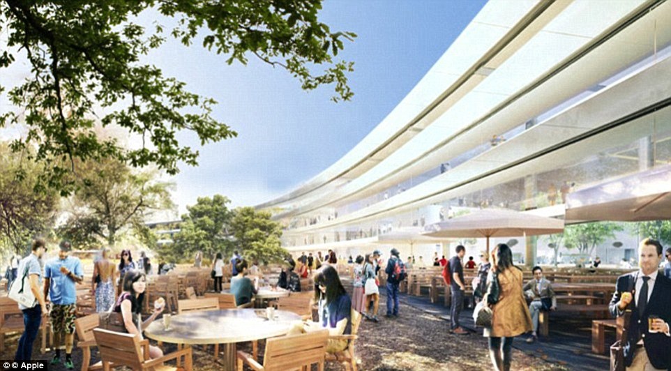 The cafeteria will additionally feature an outside dining and picnic area (pictured). Apple's Campus 2 additionally comes with a fitness centre in the northern part of the building. Pictured is an artist's impression