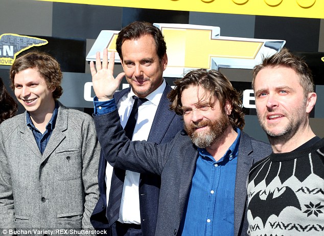 Quartet: The Arrested Development actor (second from left) posed at the premiere with his fellow voice-actors from the film, (from left) Michael Cera, who plays Robin, Zach Galifianakis, who plays The Joker, and Chris Hardwick, who in his own words has done 'a couple voices in this movie'