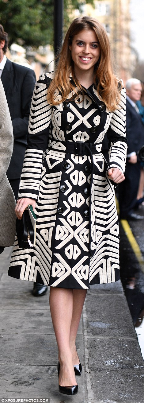 Princess Beatrice (left) recycled a £2,995 Burberry coat she wore to a service of thanksgiving for the Queen's 90th birthday at St Paul's Cathedral in June 2016