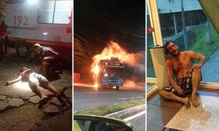 A bus burns violently after it was torched on the street during the chaos in Brazil