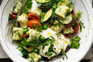 Neil Perry's spring spinach gnocchi with peas, zucchini, goats curd and tarragon.