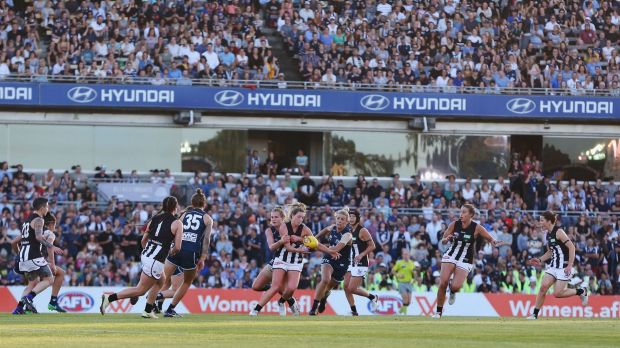 A packed crowd at Princes Park watches Carlton play Collingwood on Friday.