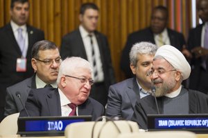 File - Mohammed Fuad Masum (front left), President of Iraq, with Hassan Rouhani (front right), President of the Islamic Republic of Iran, during the UN Climate Summit 2014, 23 September, 2014.