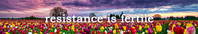 image of stormclouds over a field of flowers, to which I've added text reading: RESISTANCE IS FERTILE