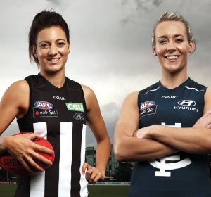Opposing AFLW captains Steph Chiocci of the Magpies and Lauren Arnell of the Blues.
