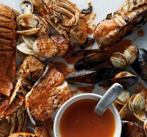 Barbecued seafood with gochujang butter sauce.