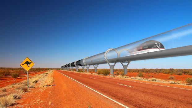 An artist's impression of the Hyperloop, which its developers claim could travel between Melbourne and Sydney in under ...