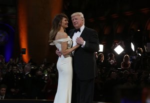 United States President Donald J. Trump and First Lady Melania Trump dances in the center of the stage during the Salute to Our Armed Services Ball at the National Building Museum, Washington, D.C., Jan. 20, 2017.