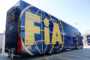 FIA ( International Automobile Federation ) truck during Formula One Catalonia test in Catalonia .