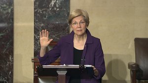 In this image from Senate Television, Sen. Elizabeth Warren, D-Mass., speaks on the floor of the U.S. Senate in Washington, Feb. 6, 2017, about the nomination of Betsy DeVos to be Education Secretary.