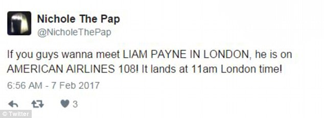 Useful tip: One excited follower announced ‘If you guys wanna meet LIAM PAYNE IN LONDON, he is on AMERICAN AIRLINES 108! It lands at 11am London time!’