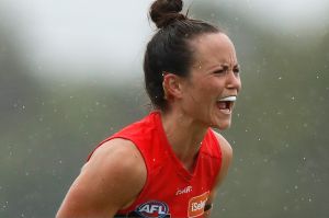 MELBOURNE, AUSTRALIA - FEBRUARY 5: Daisy Pearce of the Demons in action during the 2017 AFLW Round 01 match between the ...