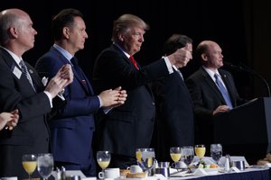 President Donald Trump gives a thumbs up during the National Prayer Breakfast, Thursday, Feb. 2, 2017, in Washington.