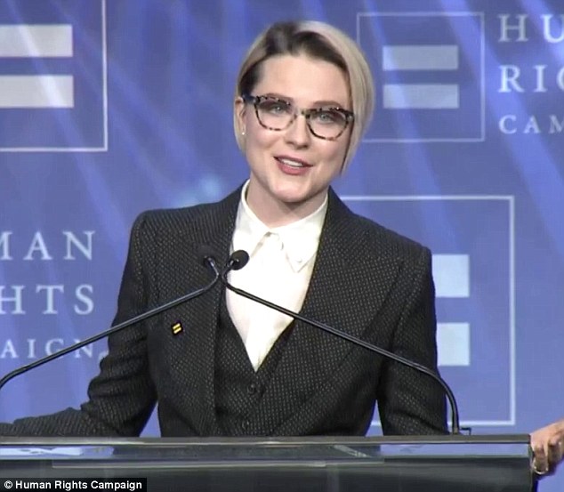 At the podium: Evan Rachel Wood talked understanding her bisexuality  during a speech at the Human Rights Campaign’s Visibility Award in Charlotte, North Carolina over the weekend