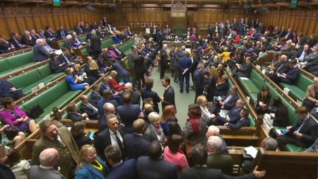 In a still image taken from footage broadcast by the UK Parliamentary Recording Unit (PRU) on February 8, 2017 members of parliament filter back into the House of Commons from the lobby during the process of voting on proposed ammendments to the Article 50 Withdrawl from the European Union Bill in central London on February 8, 2017. British MPs look set to approve a bill on February 8, 2017 empowering Prime Minister Theresa May to start Brexit negotiations, in a major step towards Britain leaving the European Union. Seven months after the historic referendum vote to leave the 28-nation bloc, the House of Commons is expected to grant approval for May to trigger Article 50 of the EU's Lisbon Treaty. The main vote on the Bill is expected later on the evening of February 8.  / AFP PHOTO / PRU / - / RESTRICTED TO EDITORIAL USE - MANDATORY CREDIT " AFP PHOTO / PRU " - NO MARKETING NO ADVERTISING CAMPAIGNS - NO RESALE - NO DISTRIBUTION TO THIRD PARTIES - 24 HOURS USE - NO ARCHIVES -/AFP/Getty Images