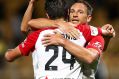 NEW PLYMOUTH, NEW ZEALAND - FEBRUARY 04: Brendon Santalab of the Wanderers celebrates his goal with Terry Antonis during ...