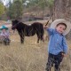 A toddler boy in a blue check shirt and cowboy hat cracking a whip in front a tree and horse and girl in the background