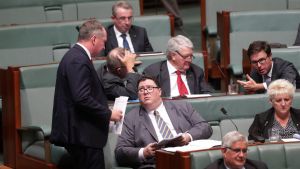 Deputy Prime Minister Barnaby Joyce speaks with George Christensen during question time at Parliament House in Canberra ...