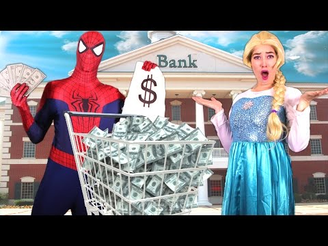 Frozen Elsa & Spiderman ROBBING A BANK?!  w/ Joker Anna Car Baby Spidergirl Catwoman! Superhero Fun