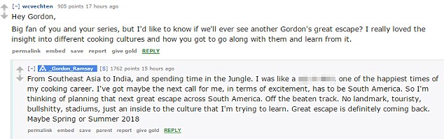 Ramsay confirmed that he will be making another series of his travel cooking show Gordon's Great Escape, which will air in spring or summer next year
