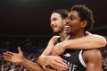 United's Chris Goulding and Casper Ware celebrate their round 18 win over Sydney Kings.