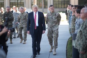 President Donald Trump and General. Joseph Votel, commander of U.S. Central Command Commander, meet with service members at MacDill Air Force Base, Florida