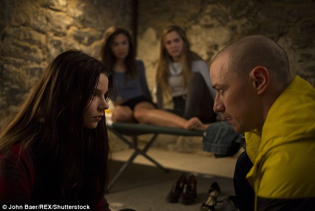 'It's a darn good movie': James McAvoy stars in the film about a man with multiple personalities as he's pictured with co-stars (L to R) Anya Taylor-Joy, Hayley Lu Richardson, Jessica Sula