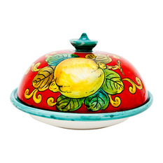 Piccadilly Ceramiche Artistche for Pietrafitta Imports - Round Butter Dish with Lemon on a Red Background - Butter Dishes