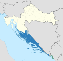  *   Always regarded as Dalmatia *    (striped) Sometimes regarded as Dalmatia *   Kotor Bay area in Montenegro  *   Rab island and surroundings * Striped area: Gračac Municipality 