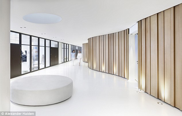 The minimalist space, pictured, has staff doctors on hand and is equipped with a salt water pool and gym