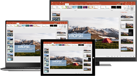 Monitor računara, laptop i tablet koji prikazuju prezentaciju o putovanju Evropom. Saznajte više o produktivnosti u pokretu koja je moguća zahvaljujući Office aplikacijama za računare i mobilne uređaje.