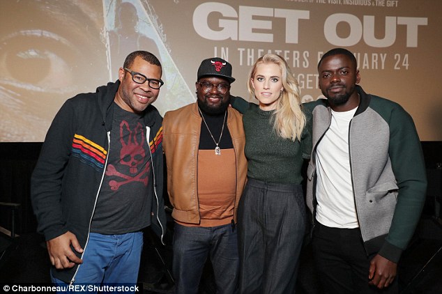 Fab four: The director (left) and the actress (second from right) also posed with her co-stars Lil Rey Howery (second from left) and Daniel Kaluuya (right)