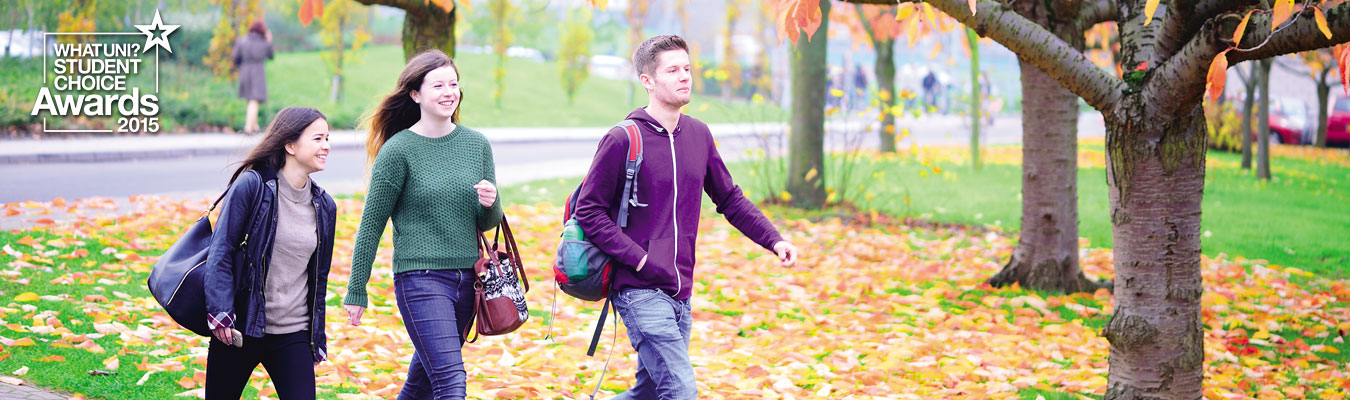 Students working through campus in the autumn