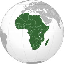 An orthographic projection of the world, highlighting the African Union and its member states (green).